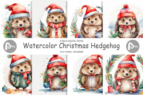 Digital Paper Watercolor Christmas Hedgehog Digital Pattern artnoy 