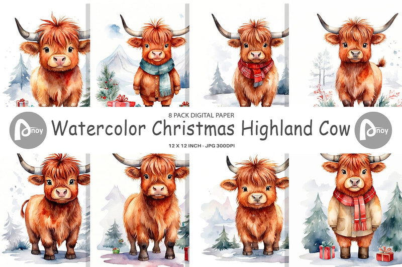 Digital Paper Watercolor Christmas Highland Cow Digital Pattern artnoy 