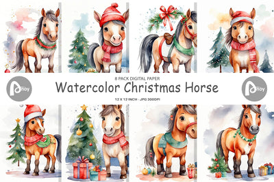 Digital Paper Watercolor Christmas Horse Digital Pattern artnoy 