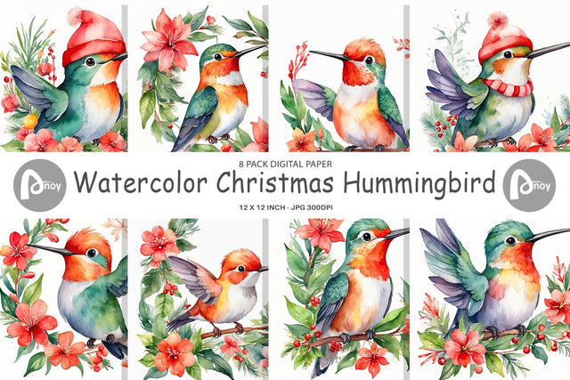 Digital Paper Watercolor Christmas Hummingbird Digital Pattern artnoy 