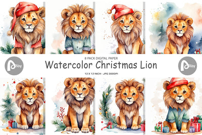 Digital Paper Watercolor Christmas Lion Digital Pattern artnoy 