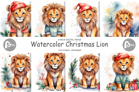 Digital Paper Watercolor Christmas Lion Digital Pattern artnoy 