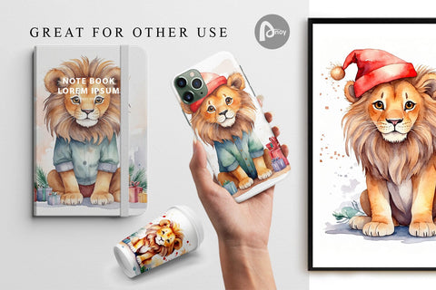 Digital Paper Watercolor Christmas Lion Digital Pattern artnoy 