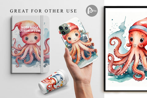 Digital Paper Watercolor Christmas Octopus Digital Pattern artnoy 