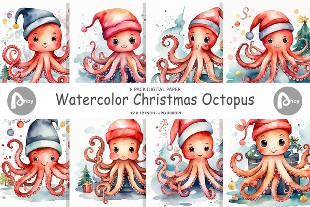 Digital Paper Watercolor Christmas Octopus Digital Pattern artnoy 