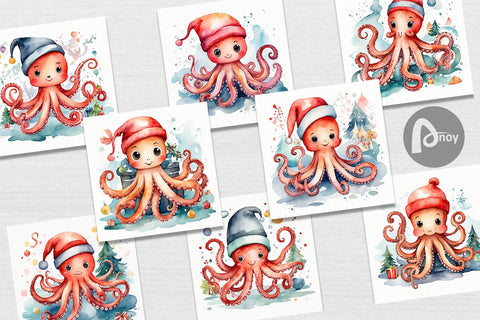 Digital Paper Watercolor Christmas Octopus Digital Pattern artnoy 