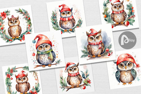 Digital Paper Watercolor Christmas Owl Digital Pattern artnoy 