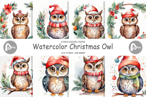Digital Paper Watercolor Christmas Owl Digital Pattern artnoy 