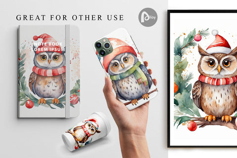 Digital Paper Watercolor Christmas Owl Digital Pattern artnoy 