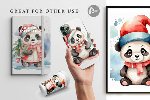 Digital Paper Watercolor Christmas Panda Digital Pattern artnoy 