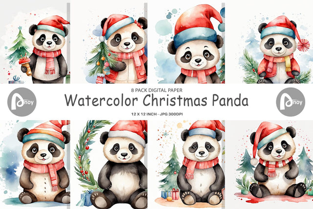 Digital Paper Watercolor Christmas Panda Digital Pattern artnoy 