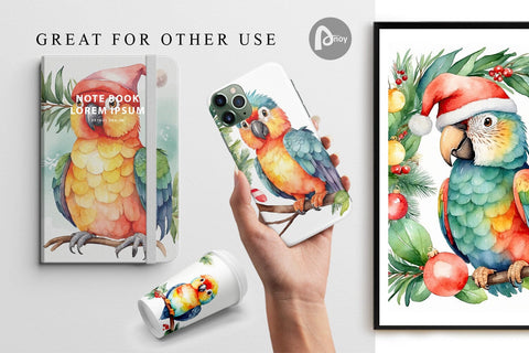 Digital Paper Watercolor Christmas Parrot Digital Pattern artnoy 
