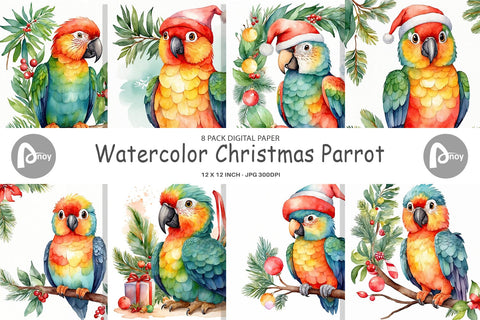 Digital Paper Watercolor Christmas Parrot Digital Pattern artnoy 