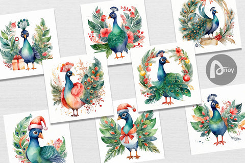 Digital Paper Watercolor Christmas Peacock Digital Pattern artnoy 