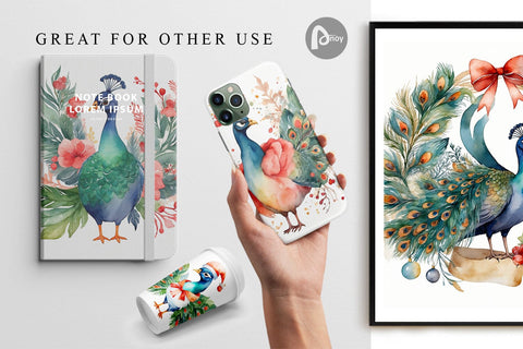 Digital Paper Watercolor Christmas Peacock Digital Pattern artnoy 