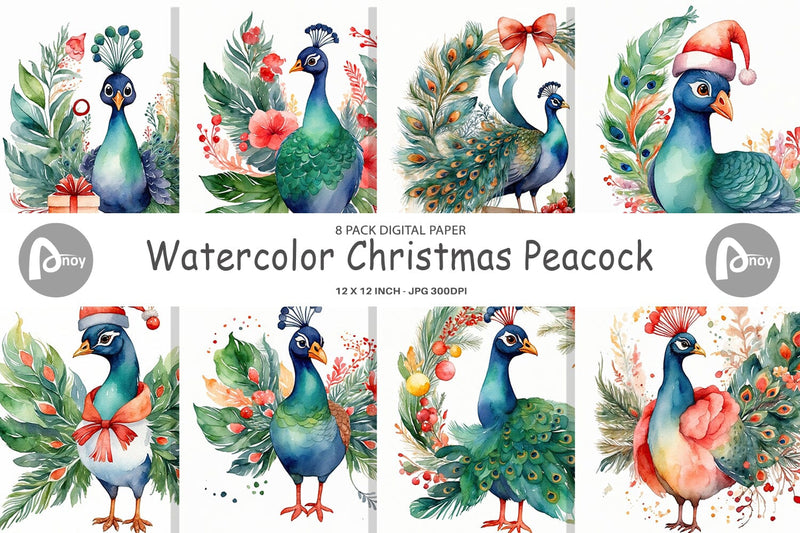 Digital Paper Watercolor Christmas Peacock Digital Pattern artnoy 