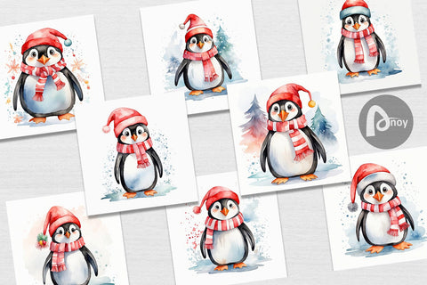 Digital Paper Watercolor Christmas Penguin Digital Pattern artnoy 