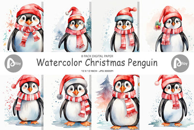 Digital Paper Watercolor Christmas Penguin Digital Pattern artnoy 