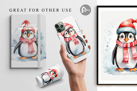 Digital Paper Watercolor Christmas Penguin Digital Pattern artnoy 