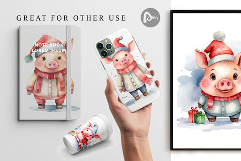 Digital Paper Watercolor Christmas Pig Digital Pattern artnoy 