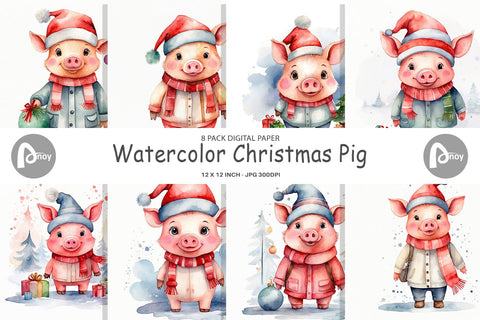 Digital Paper Watercolor Christmas Pig Digital Pattern artnoy 