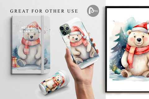 Digital Paper Watercolor Christmas Polar Bear Digital Pattern artnoy 