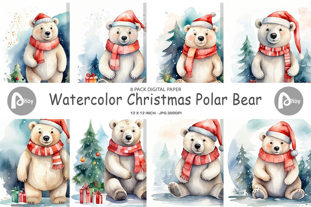Digital Paper Watercolor Christmas Polar Bear Digital Pattern artnoy 