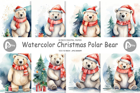 Digital Paper Watercolor Christmas Polar Bear Digital Pattern artnoy 
