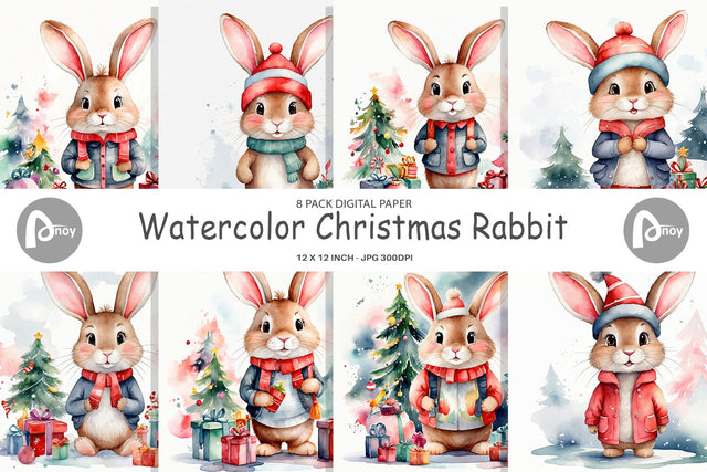 Digital Paper Watercolor Christmas Rabbit Digital Pattern artnoy 