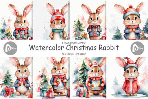 Digital Paper Watercolor Christmas Rabbit Digital Pattern artnoy 