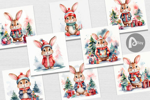 Digital Paper Watercolor Christmas Rabbit Digital Pattern artnoy 