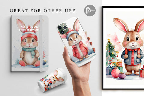 Digital Paper Watercolor Christmas Rabbit Digital Pattern artnoy 