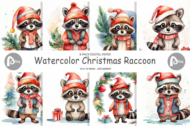 Digital Paper Watercolor Christmas Raccoon Digital Pattern artnoy 