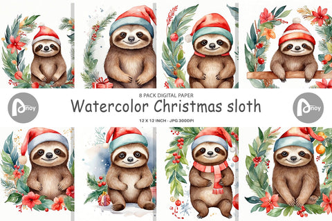 Digital Paper Watercolor Christmas sloth Digital Pattern artnoy 