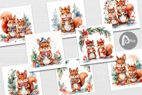 Digital Paper Watercolor Christmas Squirrel Digital Pattern artnoy 
