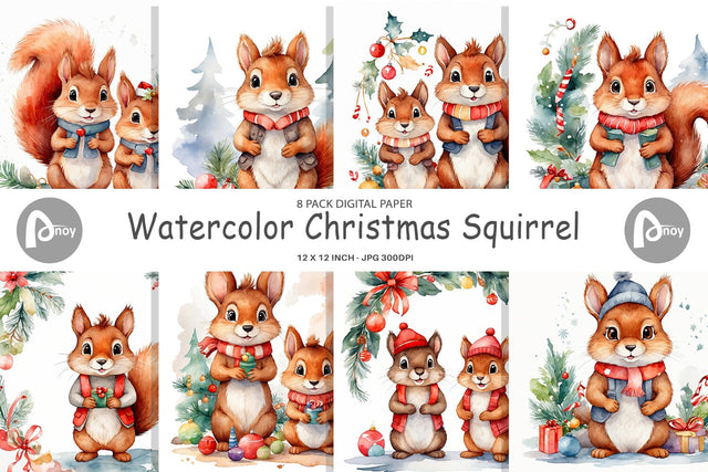 Digital Paper Watercolor Christmas Squirrel Digital Pattern artnoy 