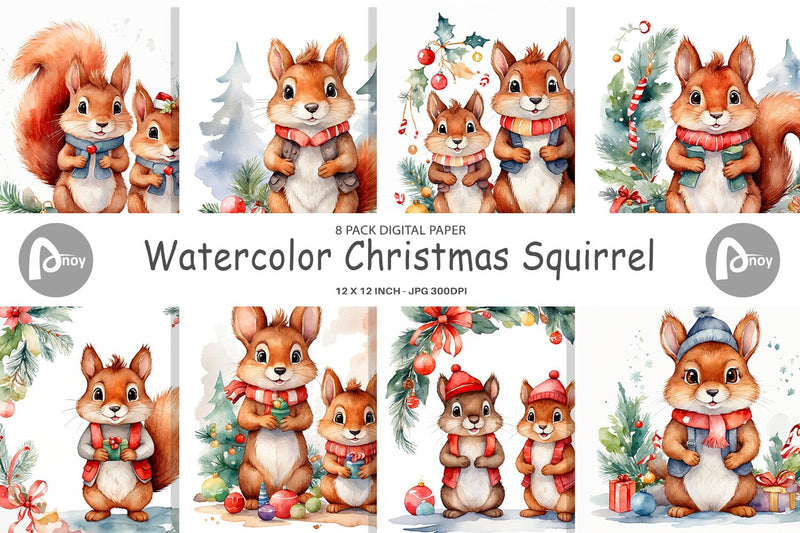Digital Paper Watercolor Christmas Squirrel Digital Pattern artnoy 