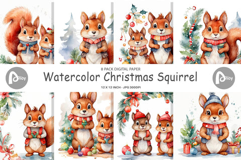 Digital Paper Watercolor Christmas Squirrel Digital Pattern artnoy 