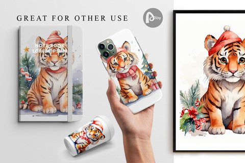Digital Paper Watercolor Christmas Tiger Digital Pattern artnoy 