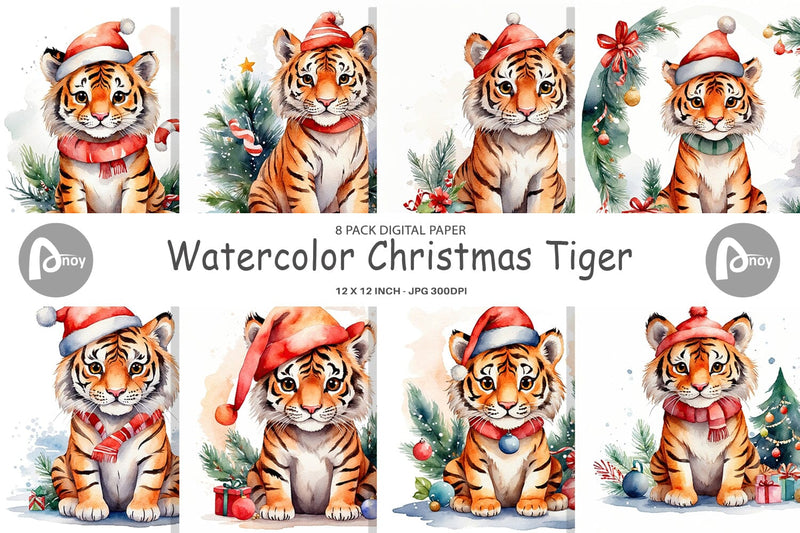 Digital Paper Watercolor Christmas Tiger Digital Pattern artnoy 