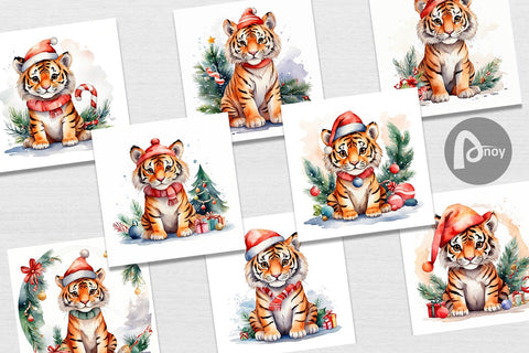 Digital Paper Watercolor Christmas Tiger Digital Pattern artnoy 