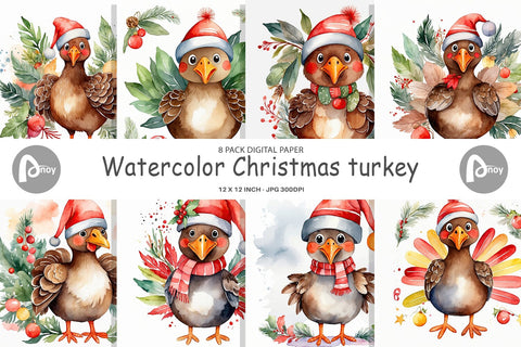 Digital Paper Watercolor Christmas turkey Digital Pattern artnoy 