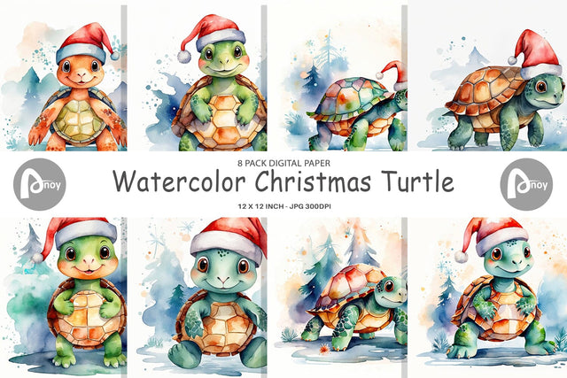 Digital Paper Watercolor Christmas Turtle Digital Pattern artnoy 