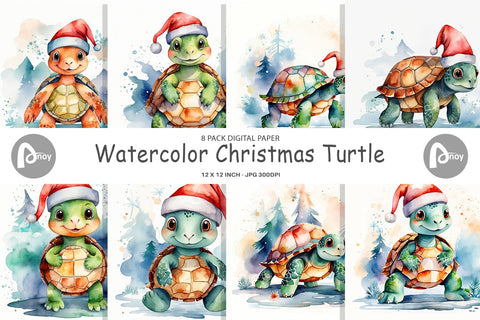 Digital Paper Watercolor Christmas Turtle Digital Pattern artnoy 