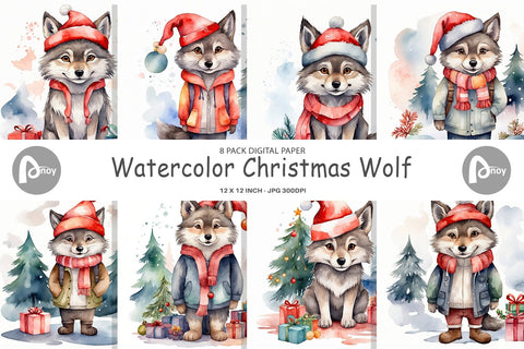 Digital Paper Watercolor Christmas Wolf Digital Pattern artnoy 