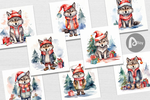 Digital Paper Watercolor Christmas Wolf Digital Pattern artnoy 