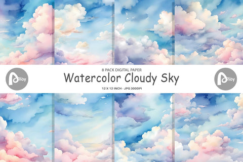 Digital Paper Watercolor Cloudy Sky Digital Pattern artnoy 