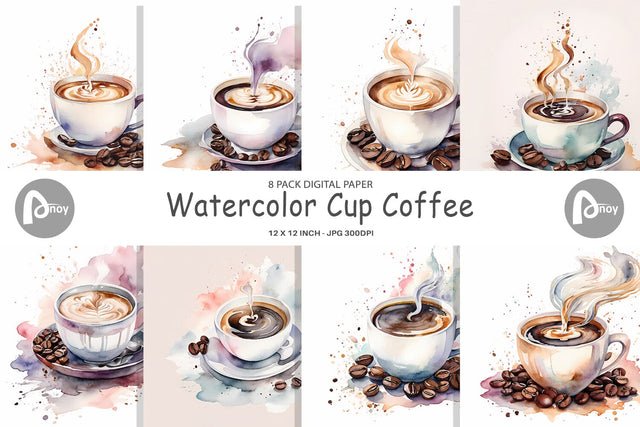 Digital Paper Watercolor Coffee Cup Digital Pattern artnoy 