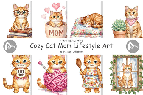 Digital Paper Watercolor Cozy Cat Mom Lifestyle Art Digital Pattern artnoy 