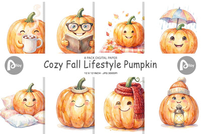 Digital Paper Watercolor Cozy Fall Lifestyle Pumpkin Digital Pattern artnoy 